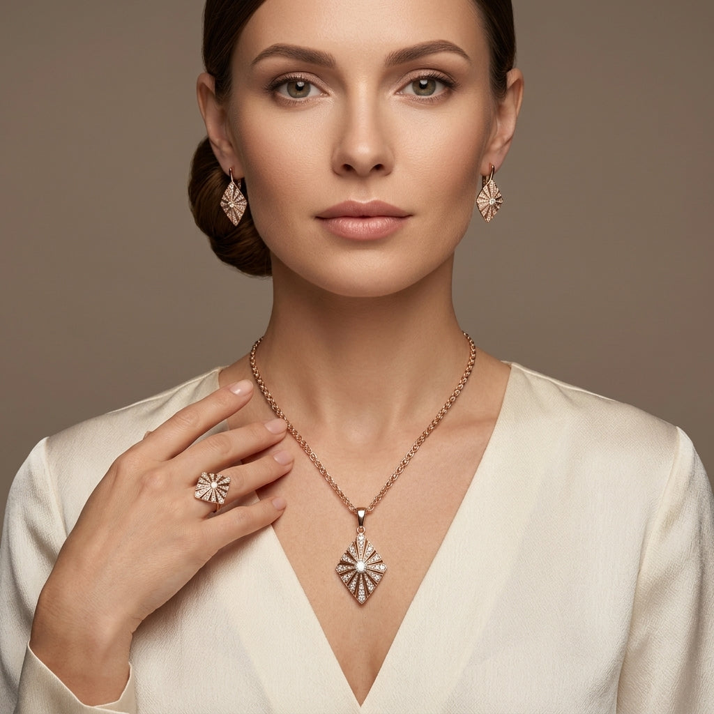 Schmuckset Zirkon Ring Ohrringe Halskette 585 Roségold Hochzeit