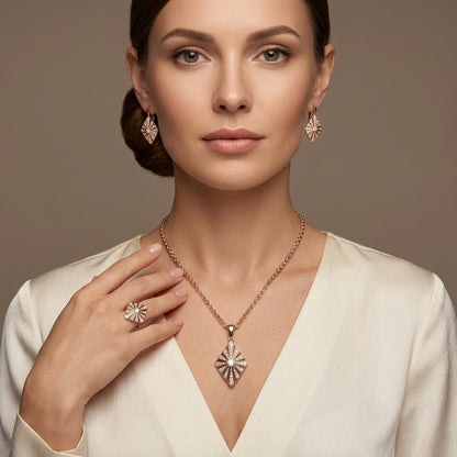 Schmuckset Zirkon Ring Ohrringe Halskette 585 Roségold Hochzeit