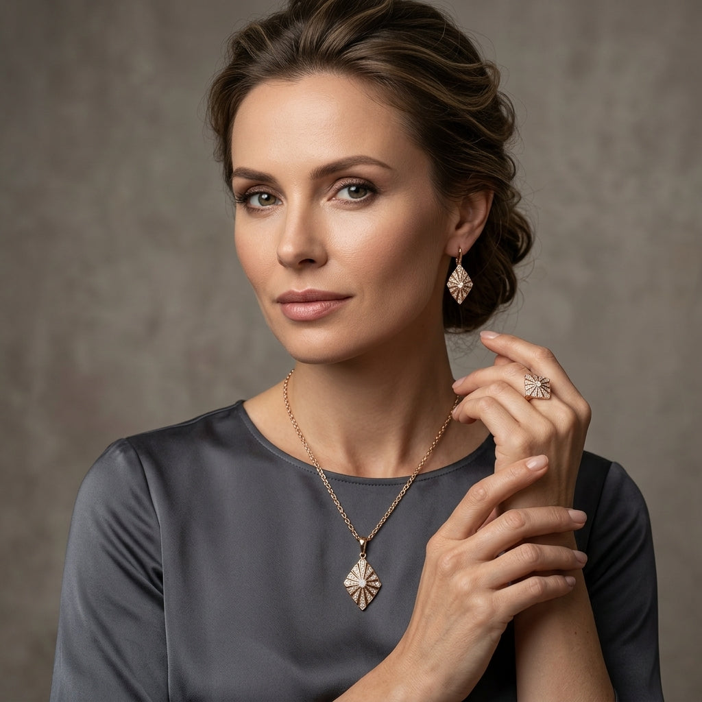 Schmuckset Zirkon Ring Ohrringe Halskette 585 Roségold Hochzeit