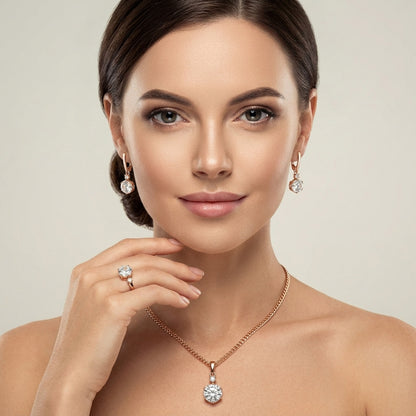Schmuckset Weiß Zirkon Ring Ohrringe Halskette 585 Roségold