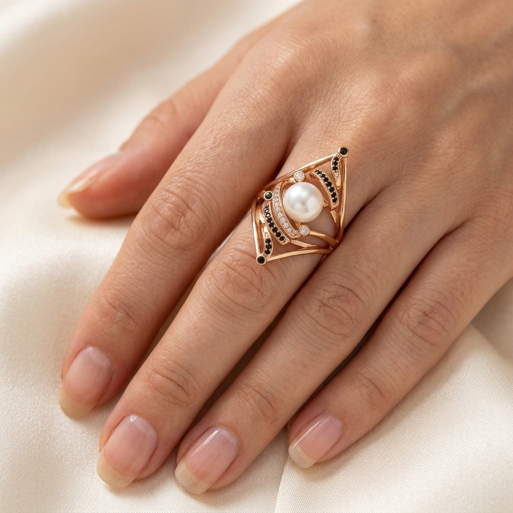 Schmuckset Weiß Schwarz Perle Zirkon Ring Ohrringe Halskette 585 Roségold