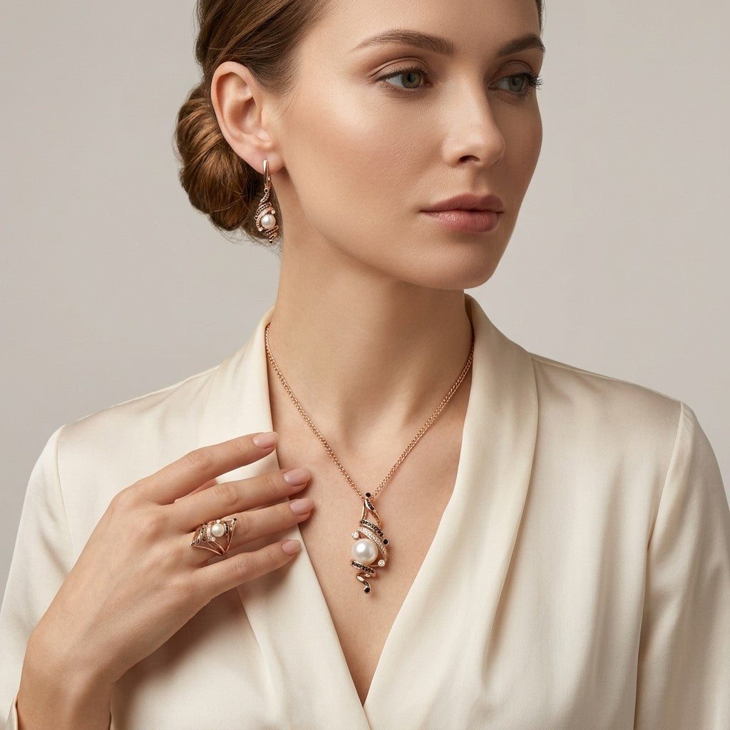 Schmuckset Weiß Schwarz Perle Zirkon Ring Ohrringe Halskette 585 Roségold