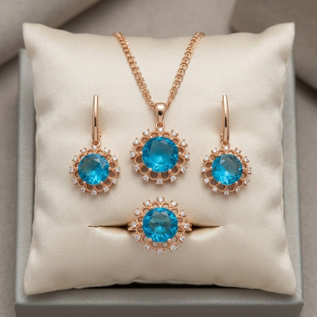 Schmuckset Blau Zirkon Ring Ohrringe Halskette 585 Roségold