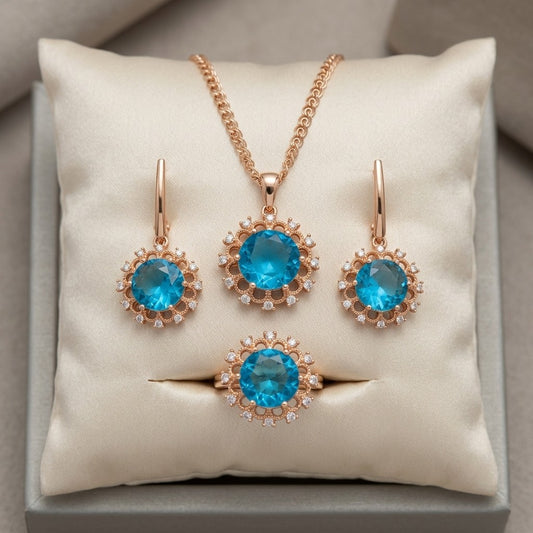 Schmuckset Blau Zirkon Ring Ohrringe Halskette 585 Roségold