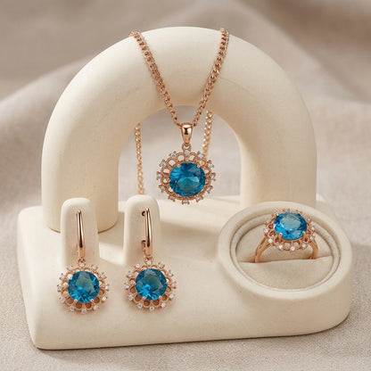 Schmuckset Blau Zirkon Ring Ohrringe Halskette 585 Roségold