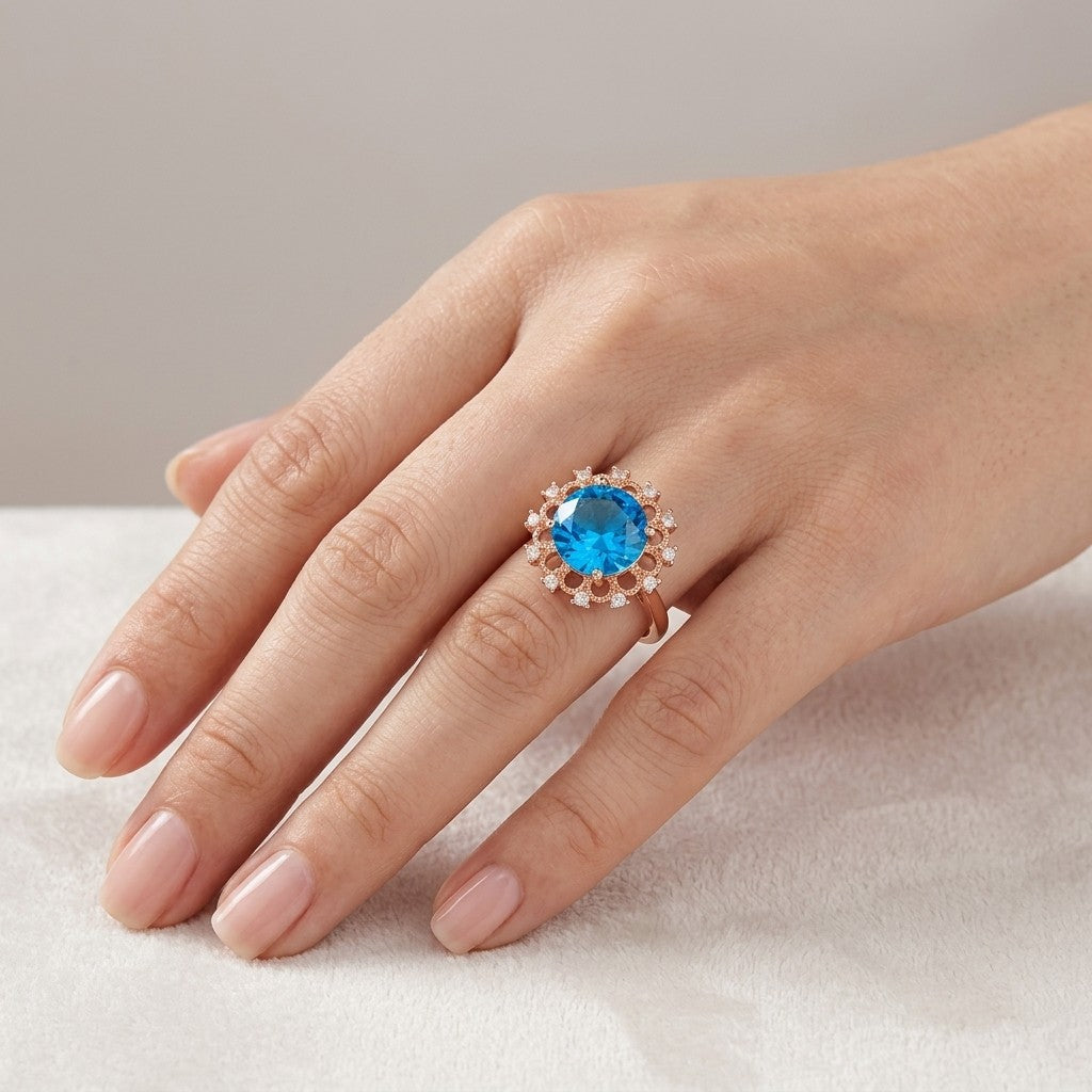 Schmuckset Blau Zirkon Ring Ohrringe Halskette 585 Roségold