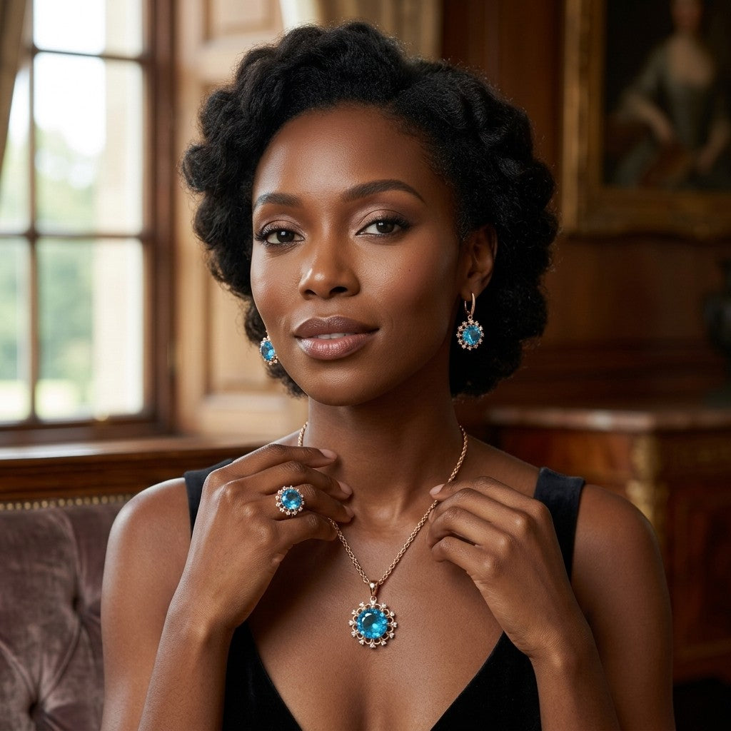 Schmuckset Blau Zirkon Ring Ohrringe Halskette 585 Roségold