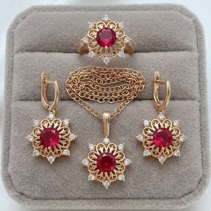 Schmuckset Rot Zirkon Ring Ohrringe Halskette 585 Roségold