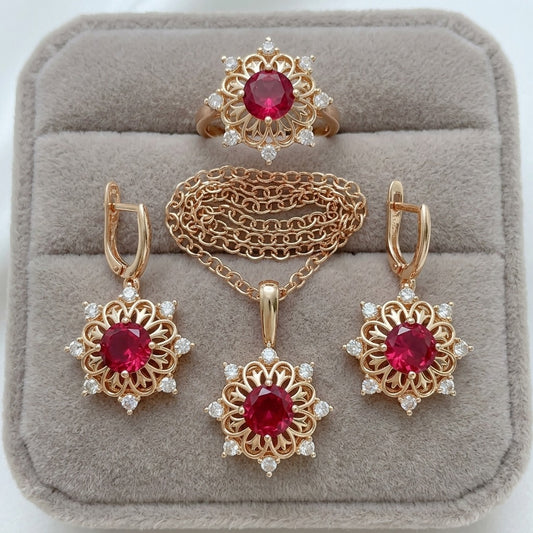 Schmuckset Rot Zirkon Ring Ohrringe Halskette 585 Roségold