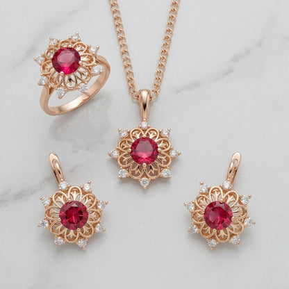 Schmuckset Rot Zirkon Ring Ohrringe Halskette 585 Roségold