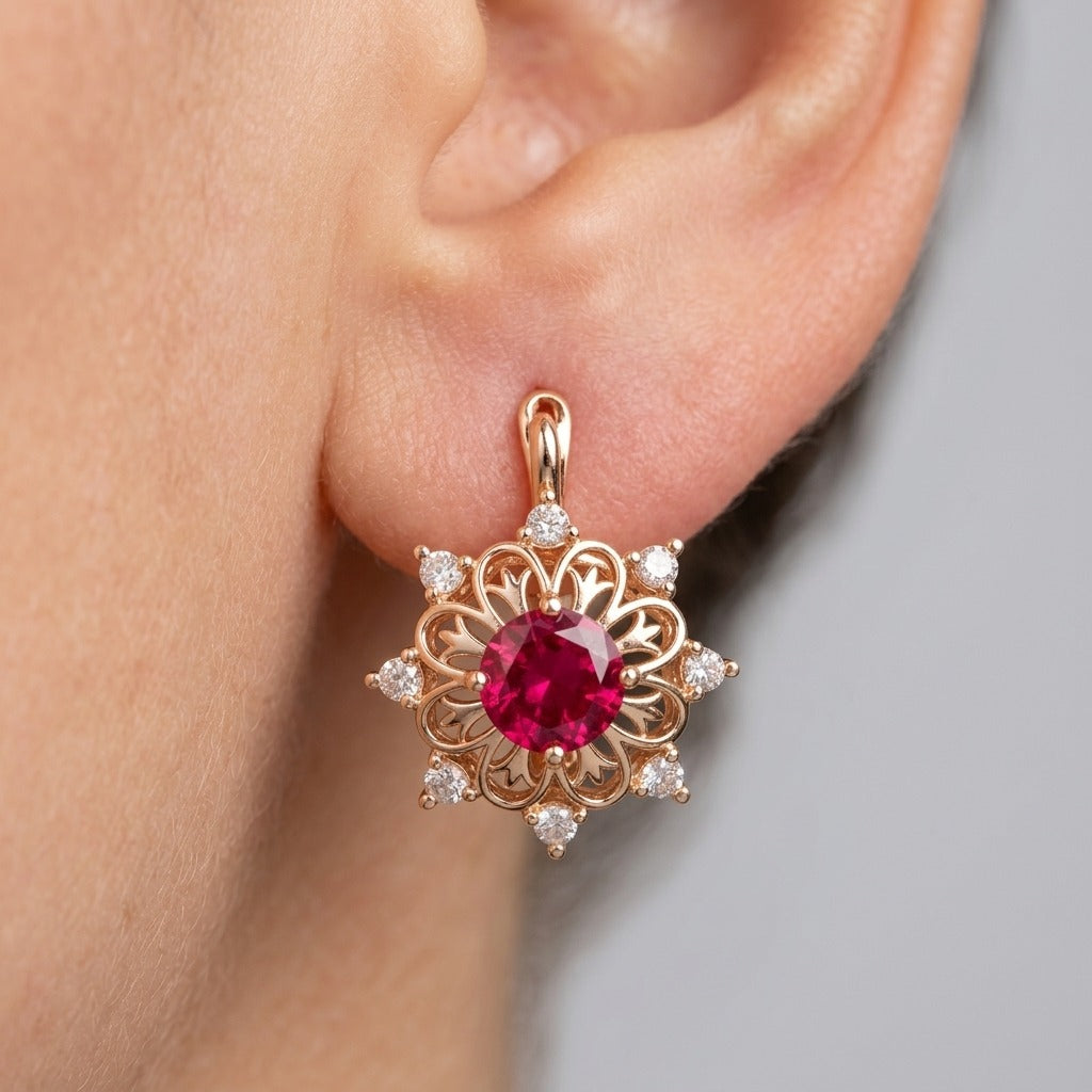 Schmuckset Rot Zirkon Ring Ohrringe Halskette 585 Roségold