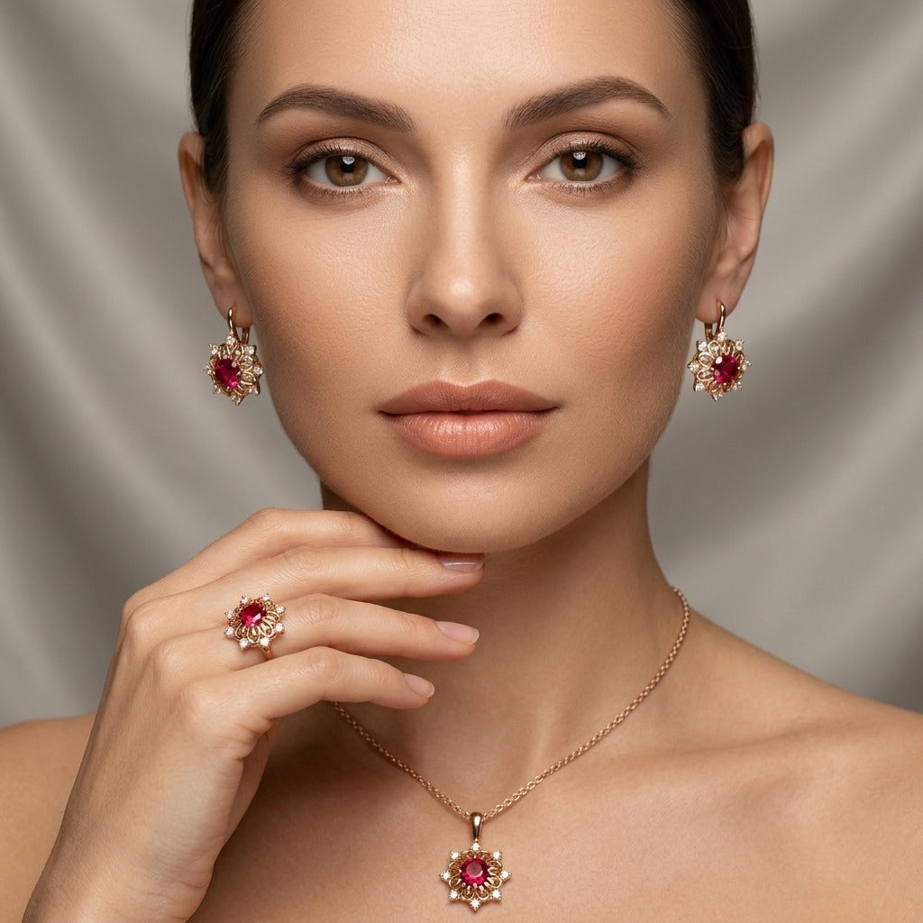 Schmuckset Rot Zirkon Ring Ohrringe Halskette 585 Roségold