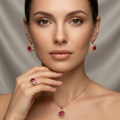 Schmuckset Rot Zirkon Ring Ohrringe Halskette 585 Roségold