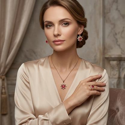 Schmuckset Rot Zirkon Ring Ohrringe Halskette 585 Roségold