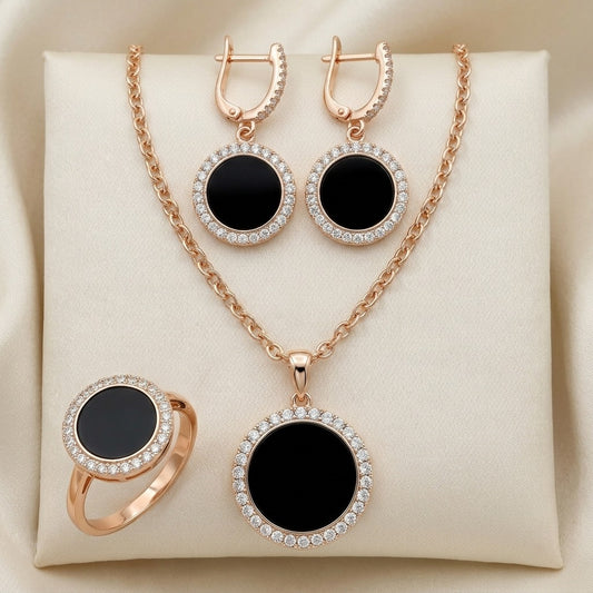 Schmuckset Schwarz Zirkon Ring Ohrringe Halskette 585 Roségold