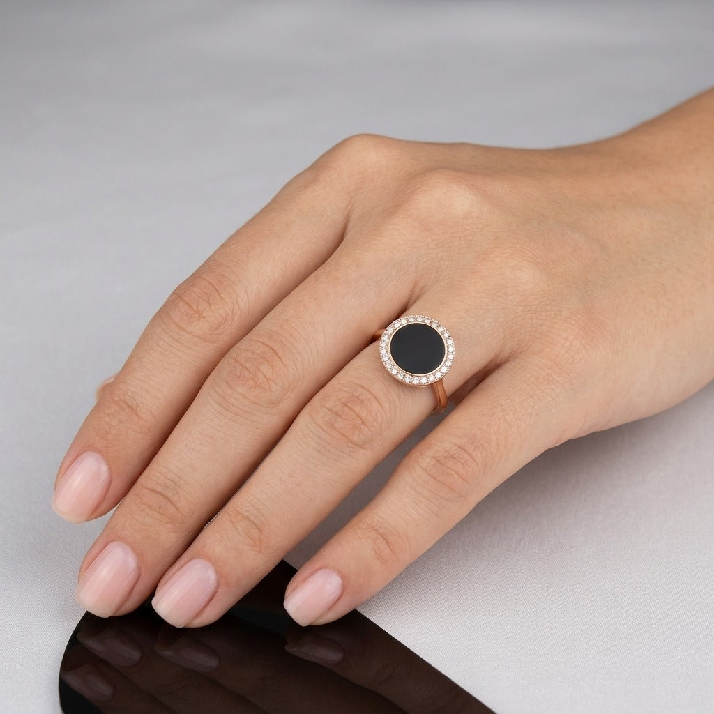 Schmuckset Schwarz Zirkon Ring Ohrringe Halskette 585 Roségold