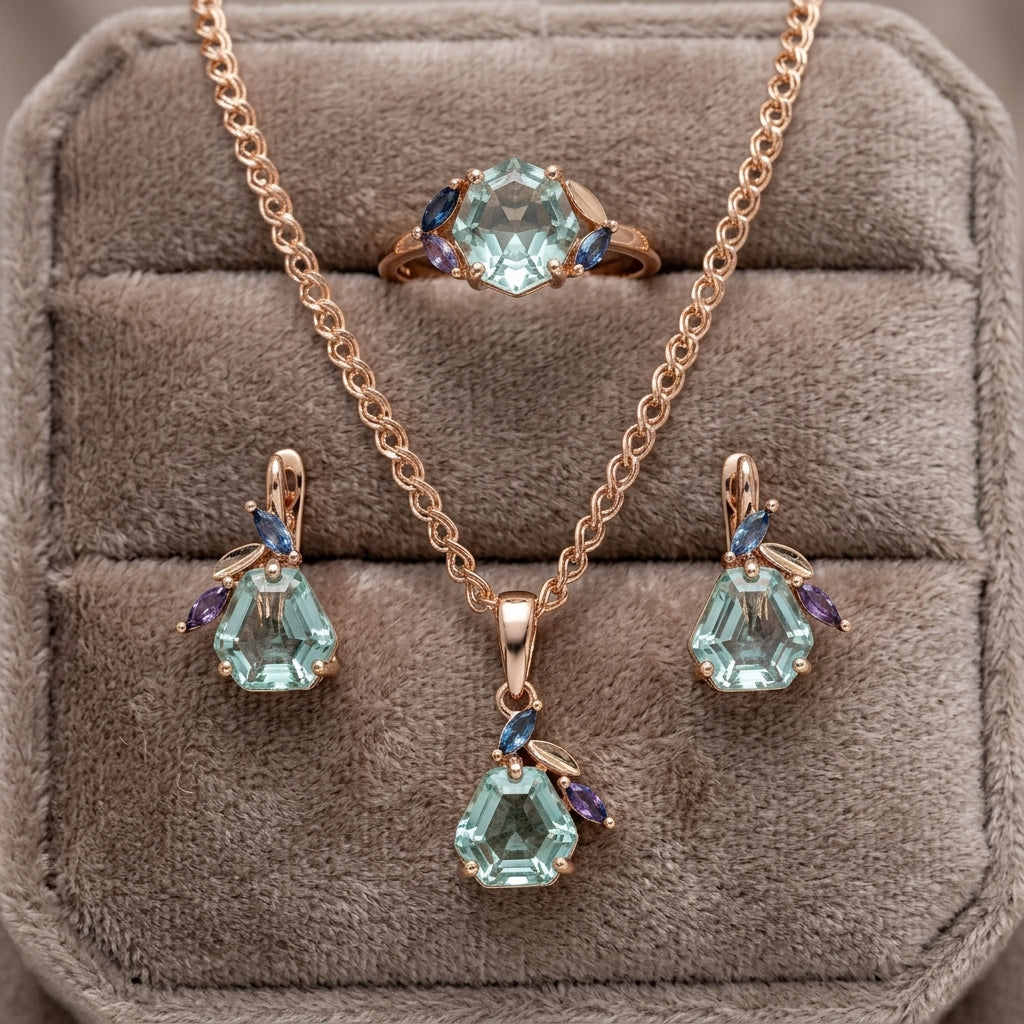 Schmuckset Grün Raute 585 Roségold - Flat Lay auf Kissen