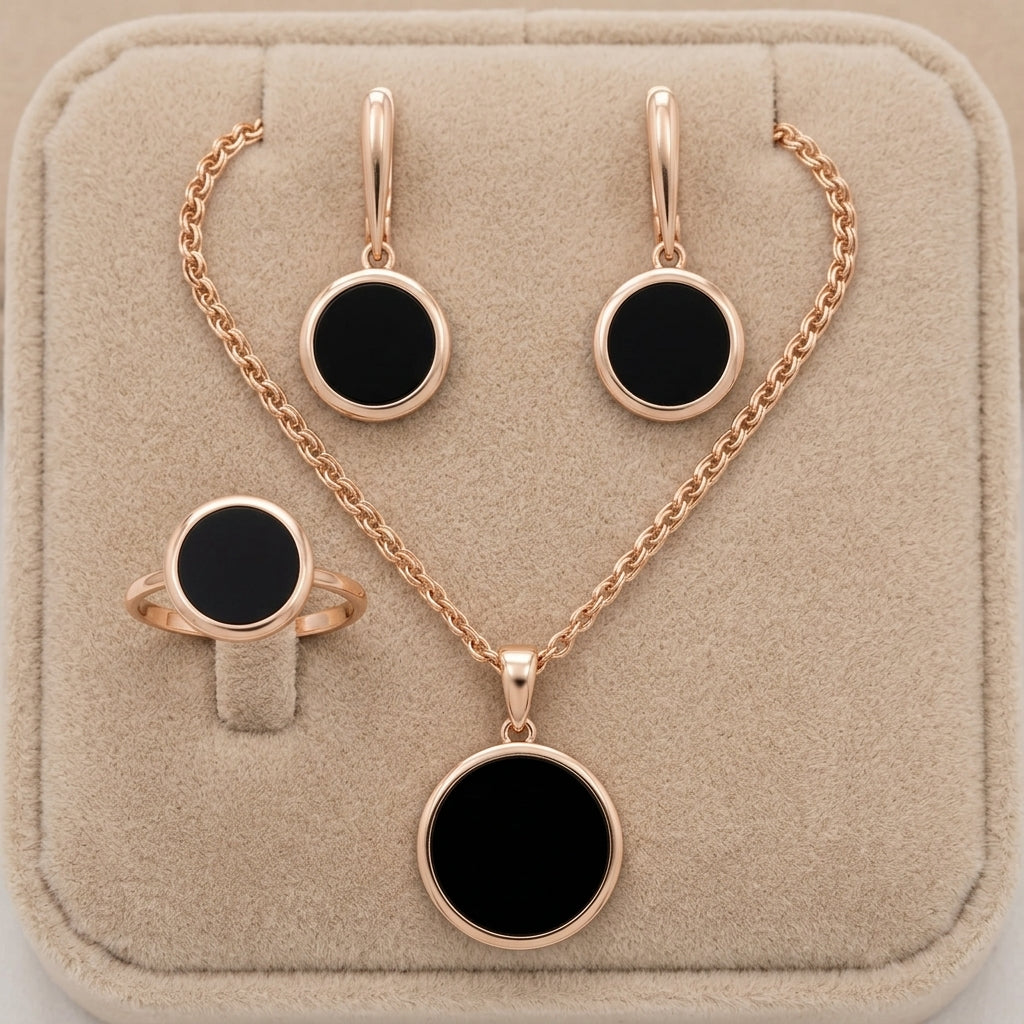 Schmuckset Schwarz Zirkon Ring Ohrringe Halskette 585 Roségold Glänzend