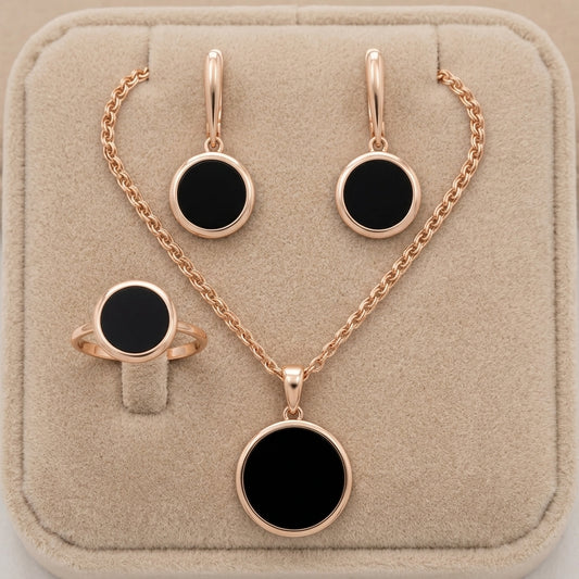 Schmuckset Schwarz Zirkon Ring Ohrringe Halskette 585 Roségold Glänzend