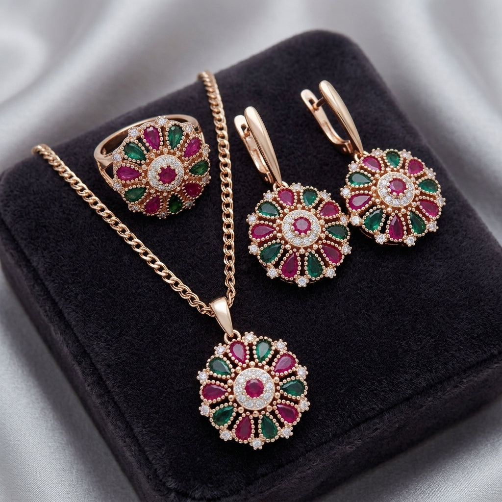 Schmuckset Blume Zirkon Ring Ohrringe Halskette 585 Roségold Ethnisch