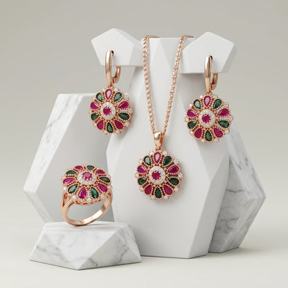 Schmuckset Blume Zirkon Ring Ohrringe Halskette 585 Roségold Ethnisch