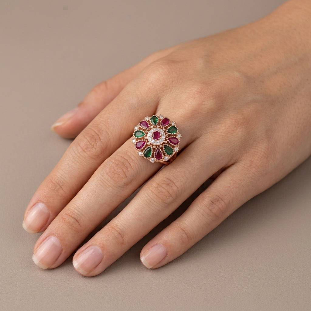 Schmuckset Blume Zirkon Ring Ohrringe Halskette 585 Roségold Ethnisch