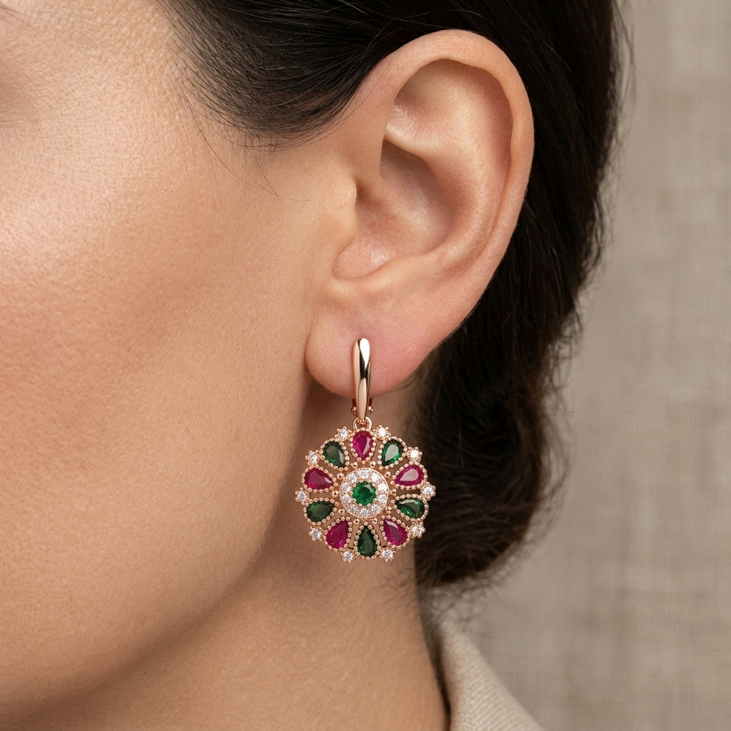 Schmuckset Blume Zirkon Ring Ohrringe Halskette 585 Roségold Ethnisch