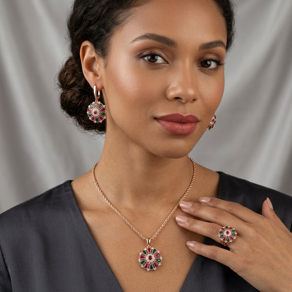 Schmuckset Blume Zirkon Ring Ohrringe Halskette 585 Roségold Ethnisch