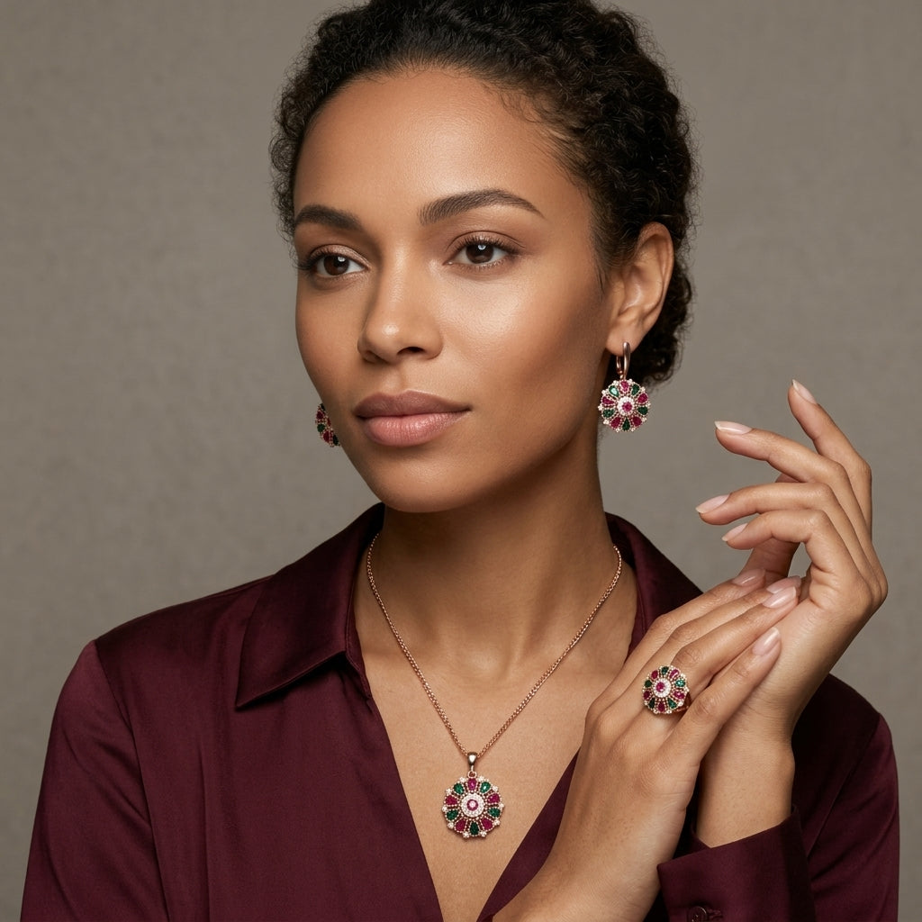 Schmuckset Blume Zirkon Ring Ohrringe Halskette 585 Roségold Ethnisch