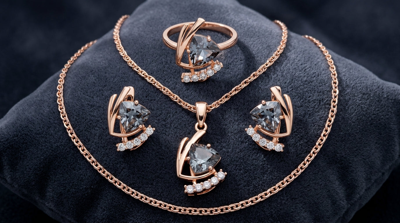 Schmuckset Grau Zirkon Ring Ohrringe Halskette 585 Roségold Vintage