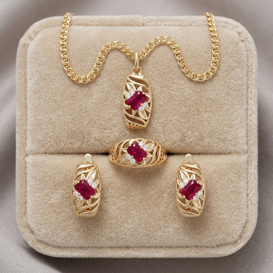 Schmuckset Rot Zirkon Ring Ohrringe Halskette 585 Roségold