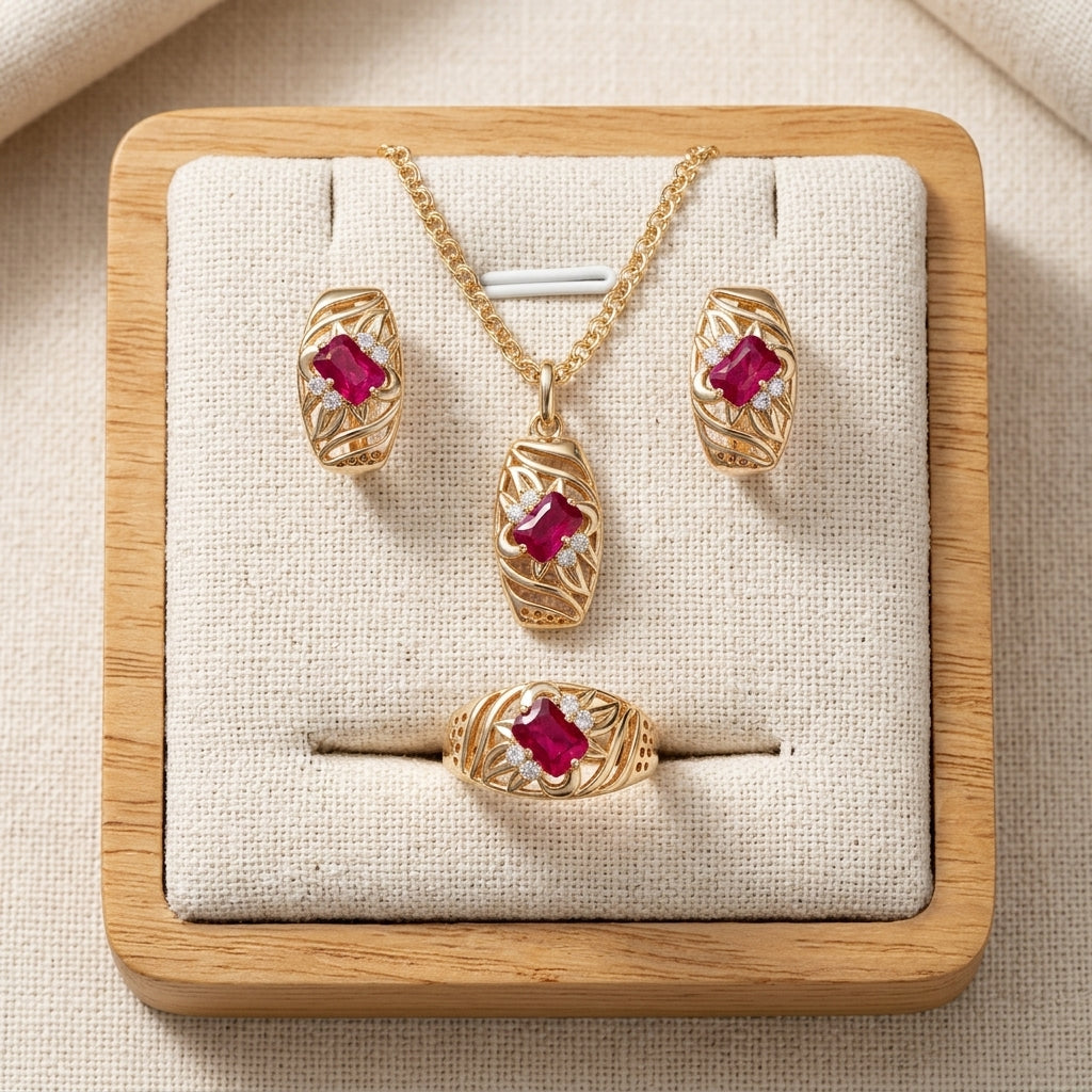 Schmuckset Rot Zirkon Ring Ohrringe Halskette 585 Roségold