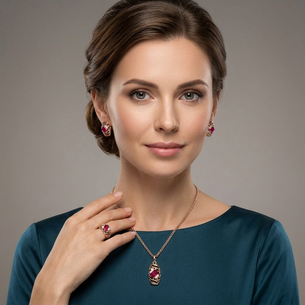 Schmuckset Rot Zirkon Ring Ohrringe Halskette 585 Roségold
