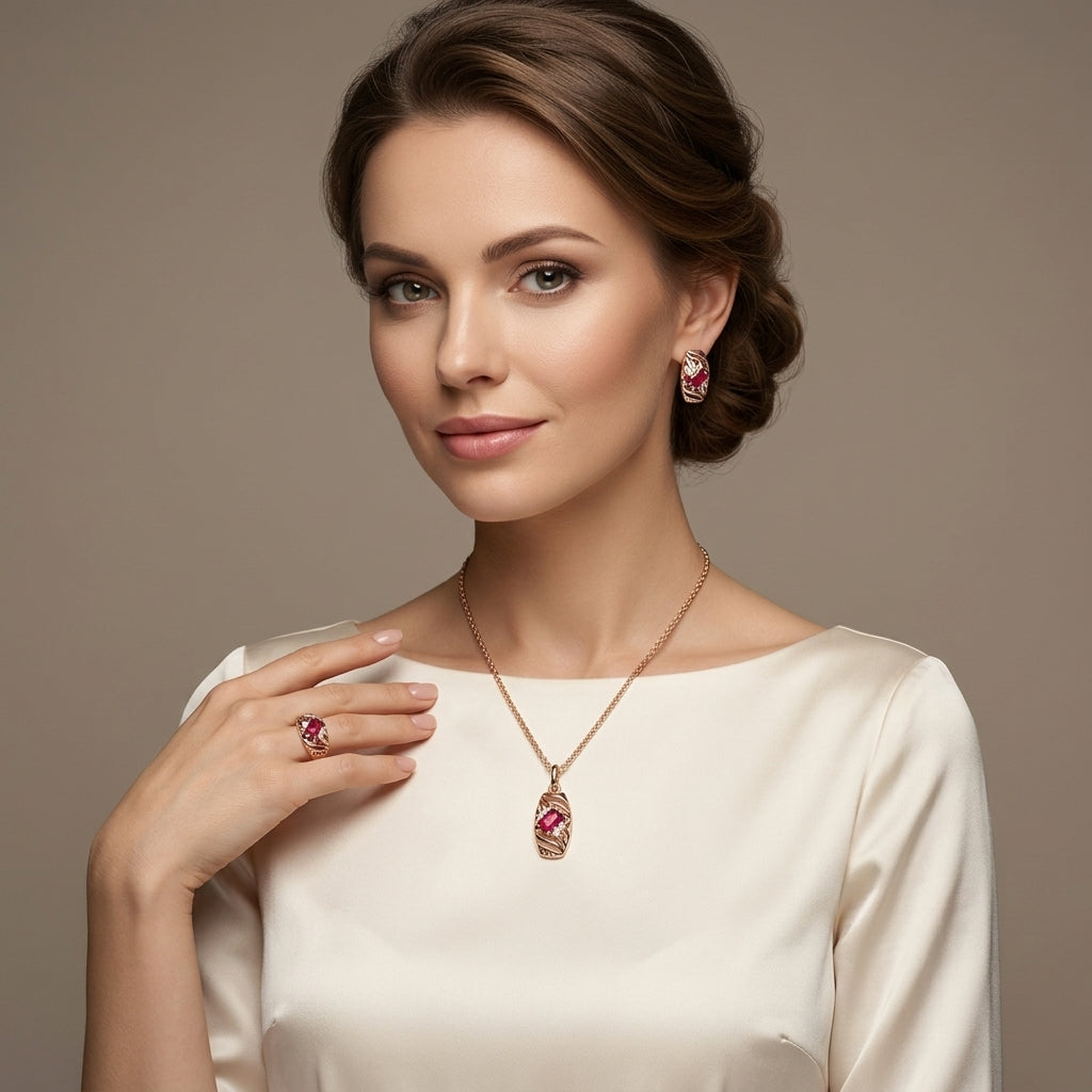 Schmuckset Rot Zirkon Ring Ohrringe Halskette 585 Roségold
