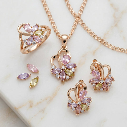 Schmuckset Bunt Zirkon Ring Ohrringe Halskette 585 Roségold Vintage