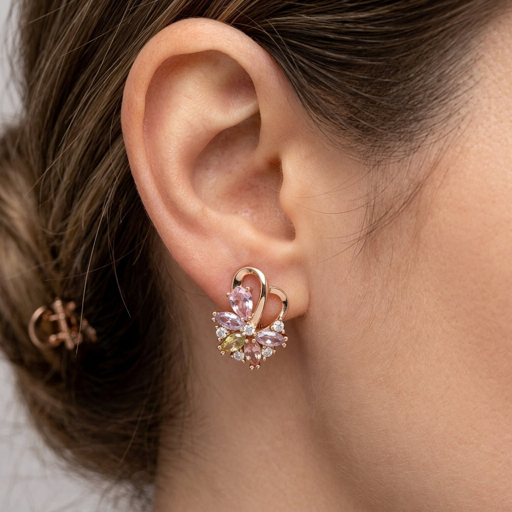 Schmuckset Bunt Zirkon Ring Ohrringe Halskette 585 Roségold Vintage