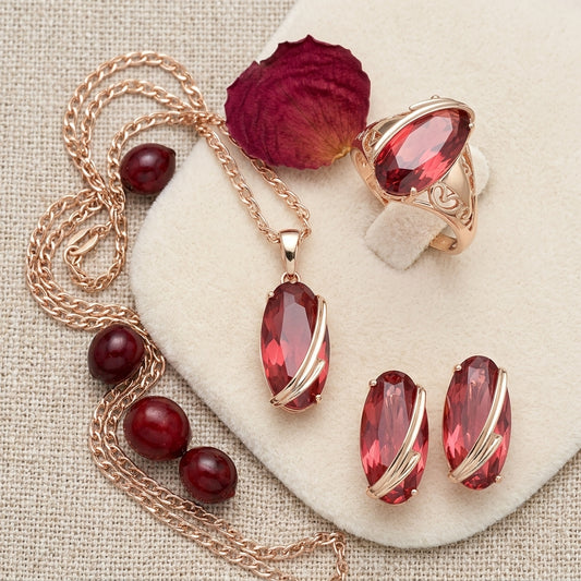 Schmuckset Rot Zirkon Ring Ohrringe Halskette 585 Roségold Vintage