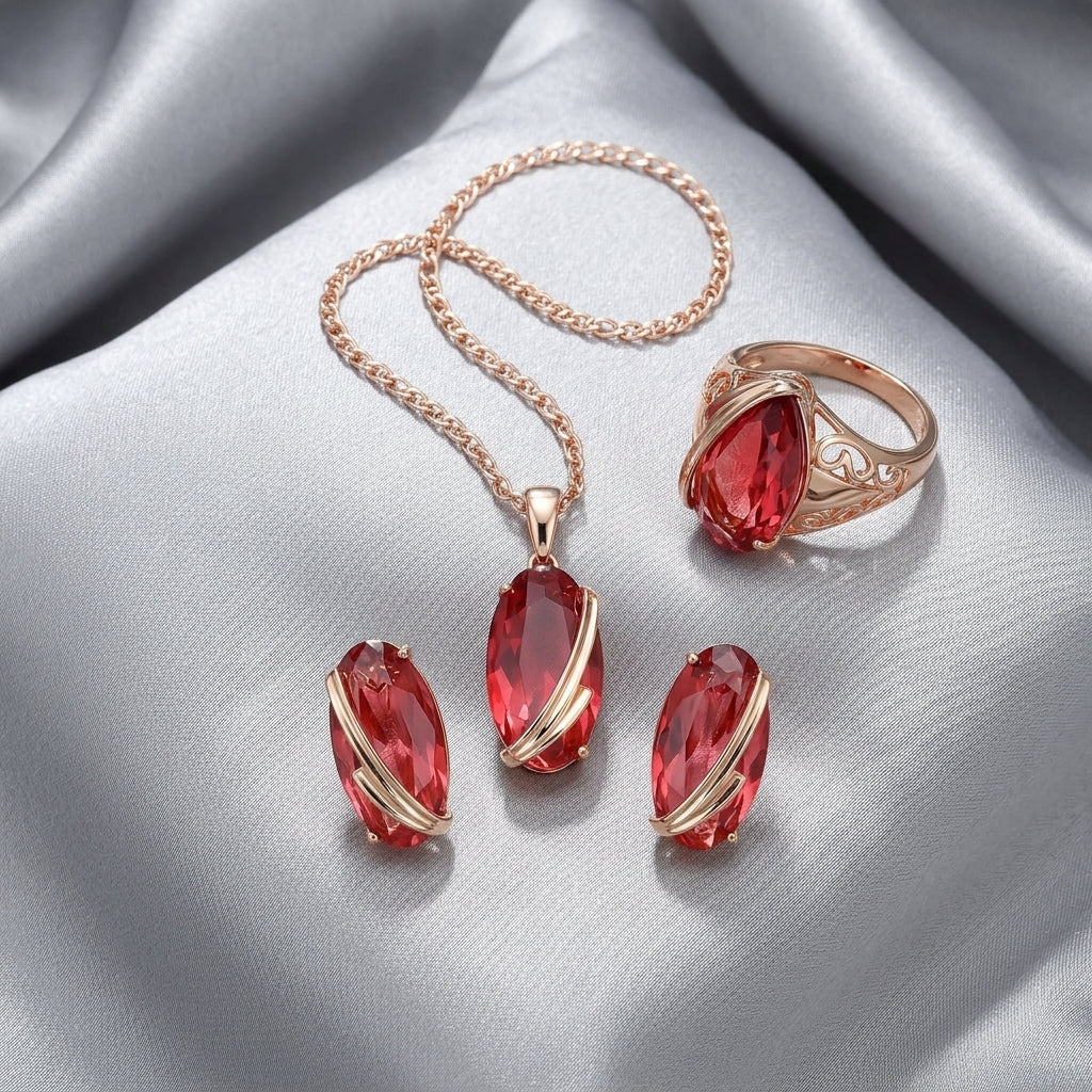 Schmuckset Rot Zirkon Ring Ohrringe Halskette 585 Roségold Vintage