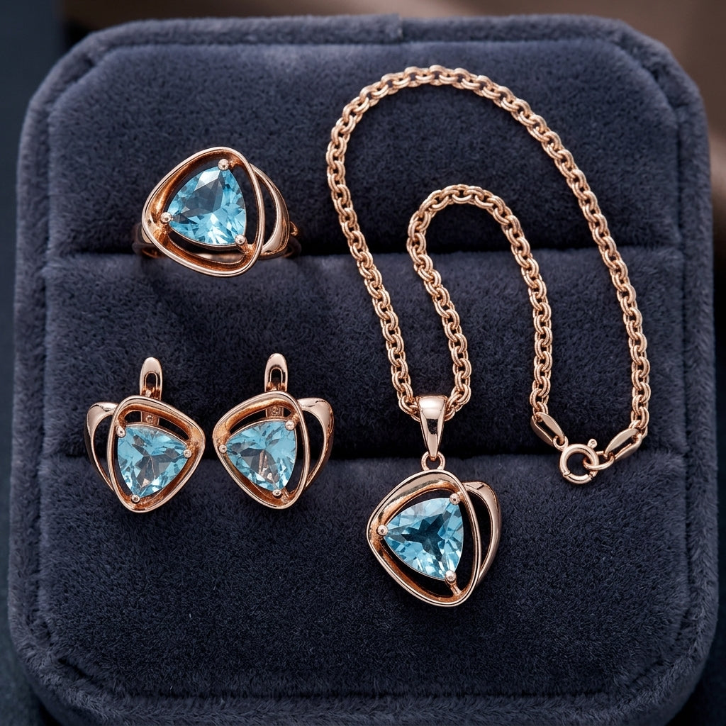Schmuckset Blau Zirkon Ring Ohrringe Halskette 585 Roségold