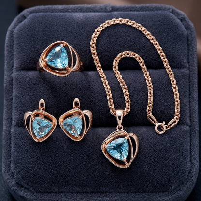 Schmuckset Blau Zirkon Ring Ohrringe Halskette 585 Roségold