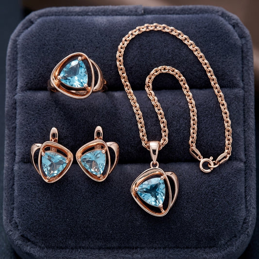 Schmuckset Blau Zirkon Ring Ohrringe Halskette 585 Roségold