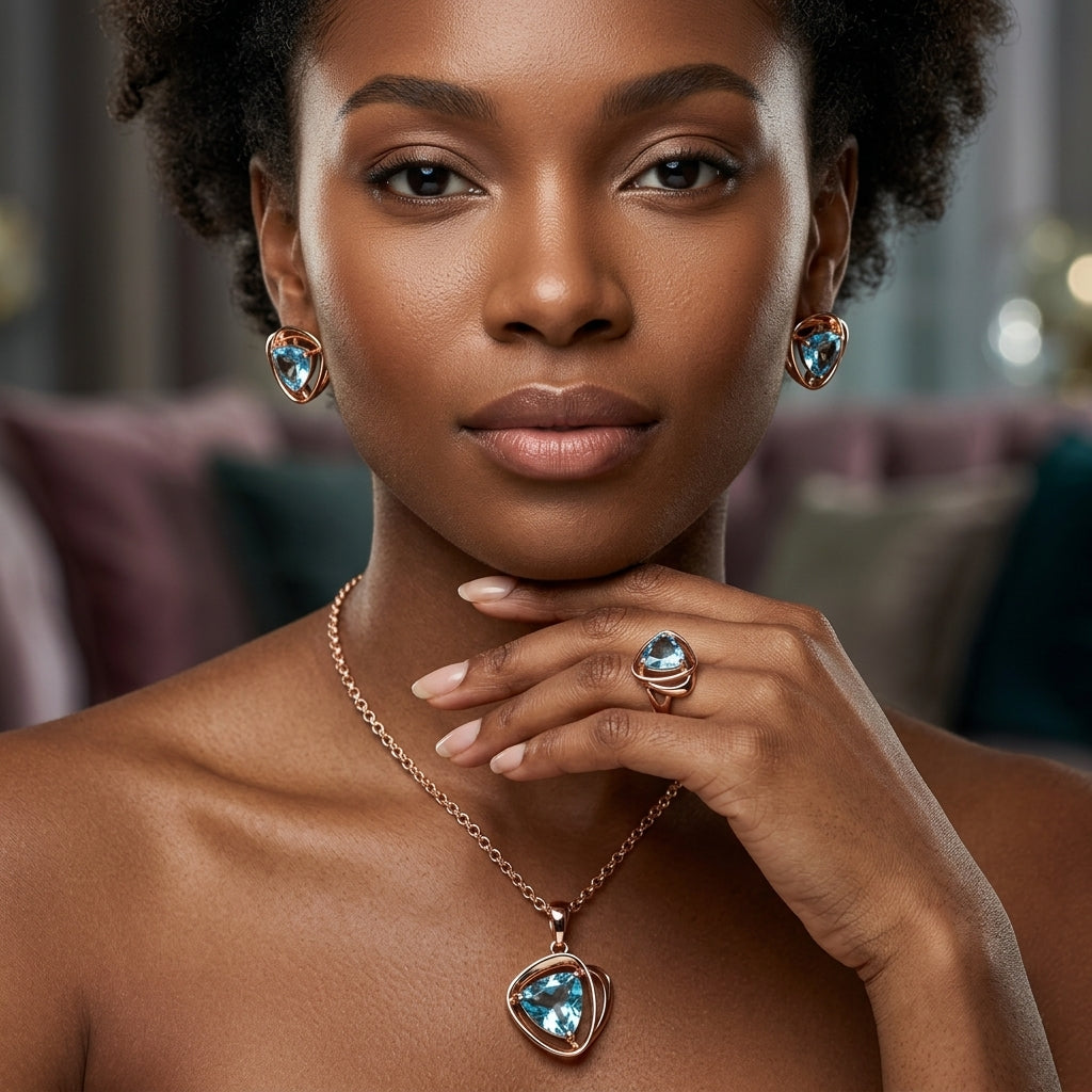 Schmuckset Blau Zirkon Ring Ohrringe Halskette 585 Roségold