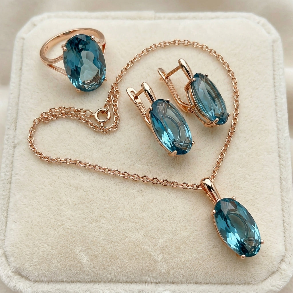 Schmuckset Blau Oval Zirkon Ring Ohrringe Halskette 585 Roségold