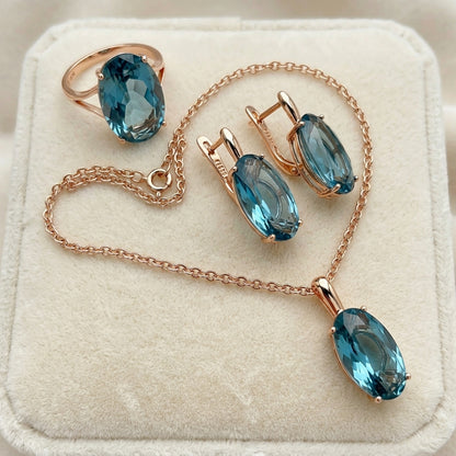Schmuckset Blau Oval Zirkon Ring Ohrringe Halskette 585 Roségold