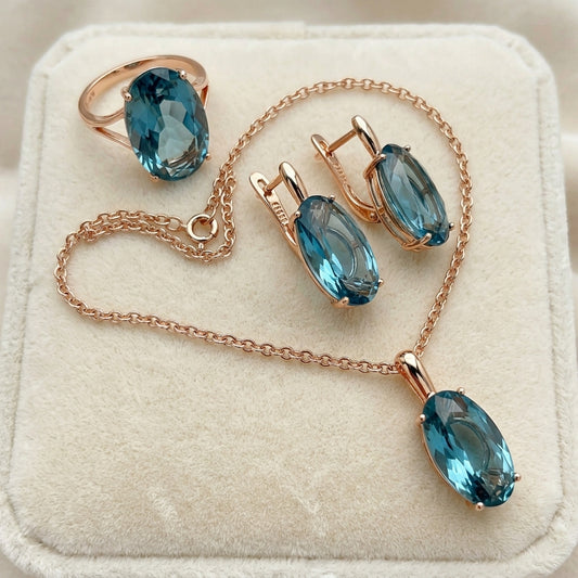 Schmuckset Blau Oval Zirkon Ring Ohrringe Halskette 585 Roségold