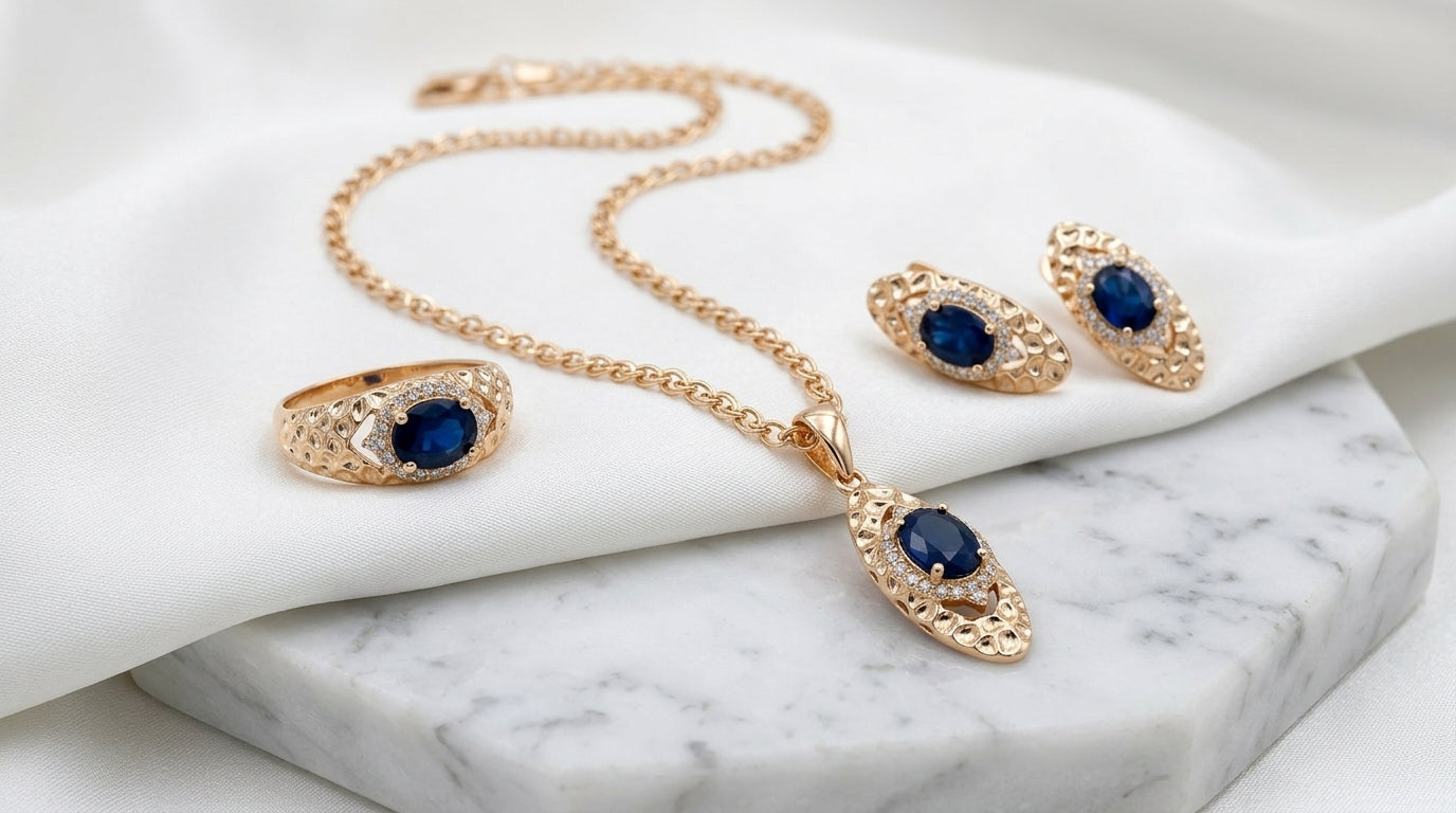 Schmuckset Blau Zirkon Ring Ohrringe Halskette 585 Roségold Glänzend
