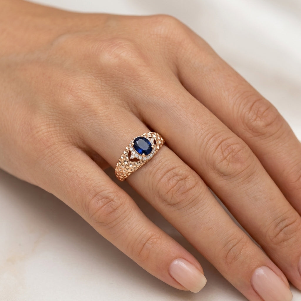 Schmuckset Blau Zirkon Ring Ohrringe Halskette 585 Roségold Glänzend