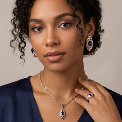 Schmuckset Blau Zirkon Ring Ohrringe Halskette 585 Roségold Glänzend