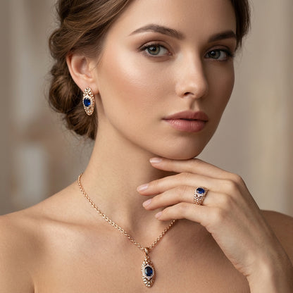 Schmuckset Blau Zirkon Ring Ohrringe Halskette 585 Roségold Glänzend