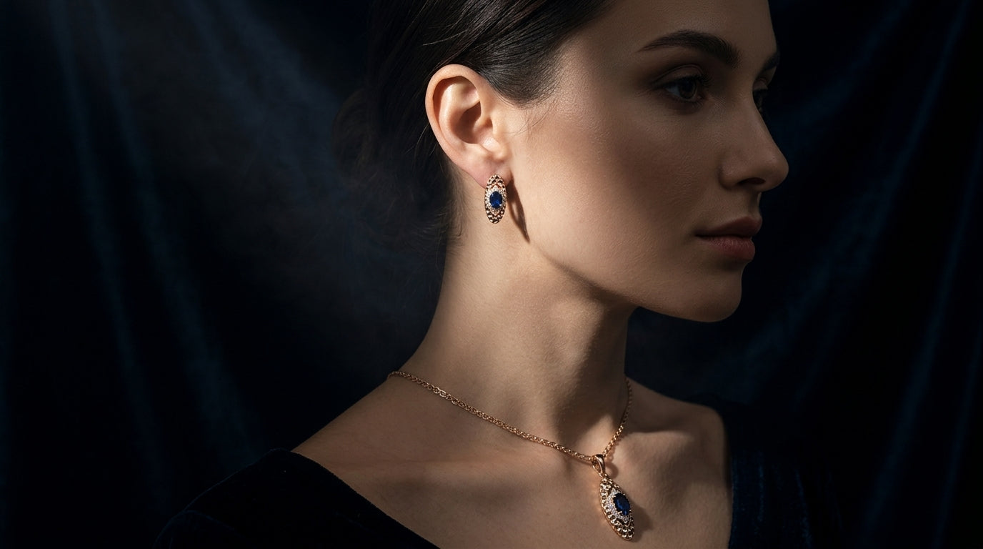 Schmuckset Blau Zirkon Ring Ohrringe Halskette 585 Roségold Glänzend